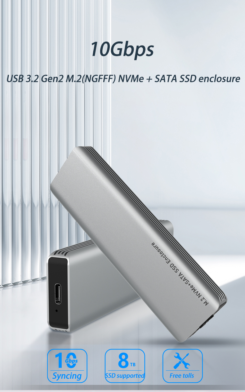 usb 3.1 gen2 10gbps m.2 ssd enclosure, nvme & sata dual‑protocol external hard drive caddy, support up to 8tb usb 3.1 gen2 10gbps m.2 ssd enclosure, nvme & sata dual‑protocol external hard drive caddy, support up to 8tb