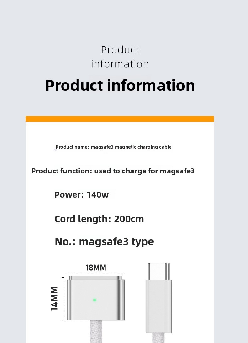 Magnetic USB‑C Charging Cable, Braided 3‑in‑1 Type‑C Fast Charger Cord Compatible with M1/M2/M3/M4 MacBook Laptops Airsky 8314 Detail 14